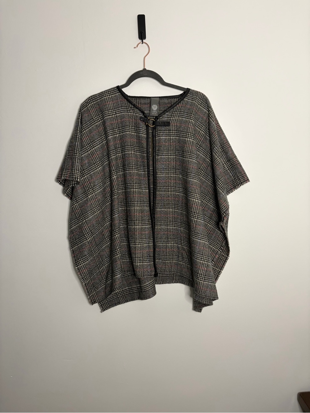 Vince Camuto Black & Gray Plaid Knit Poncho
